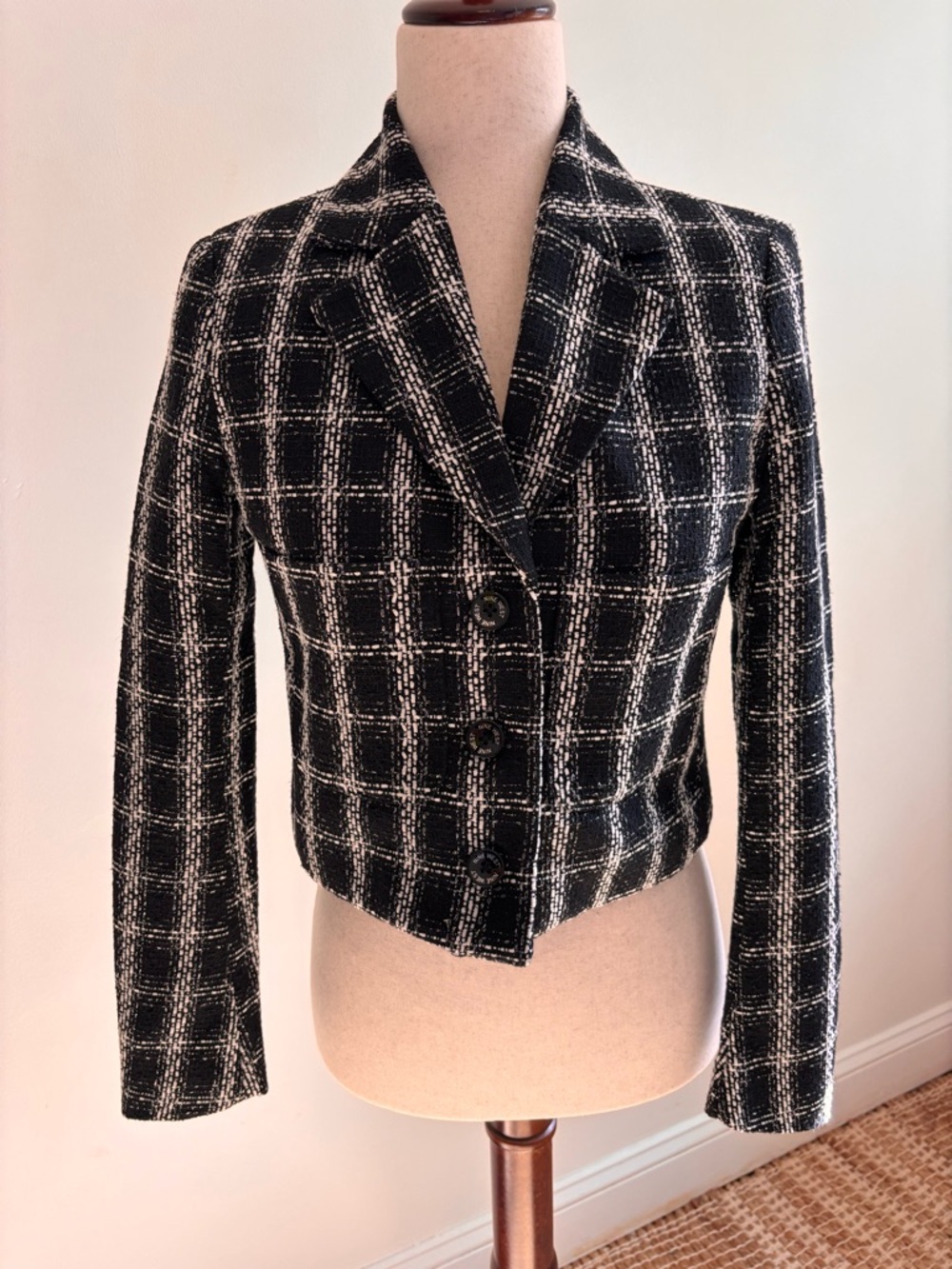 NWT Nine West XS Black White Tweed Cropped Blazer Plaid Jacket Classic Chic